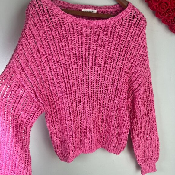 August Sky Anthro Womens Open Stitch Crewneck Sweater Small in Pink NWOT - Picture 2 of 9